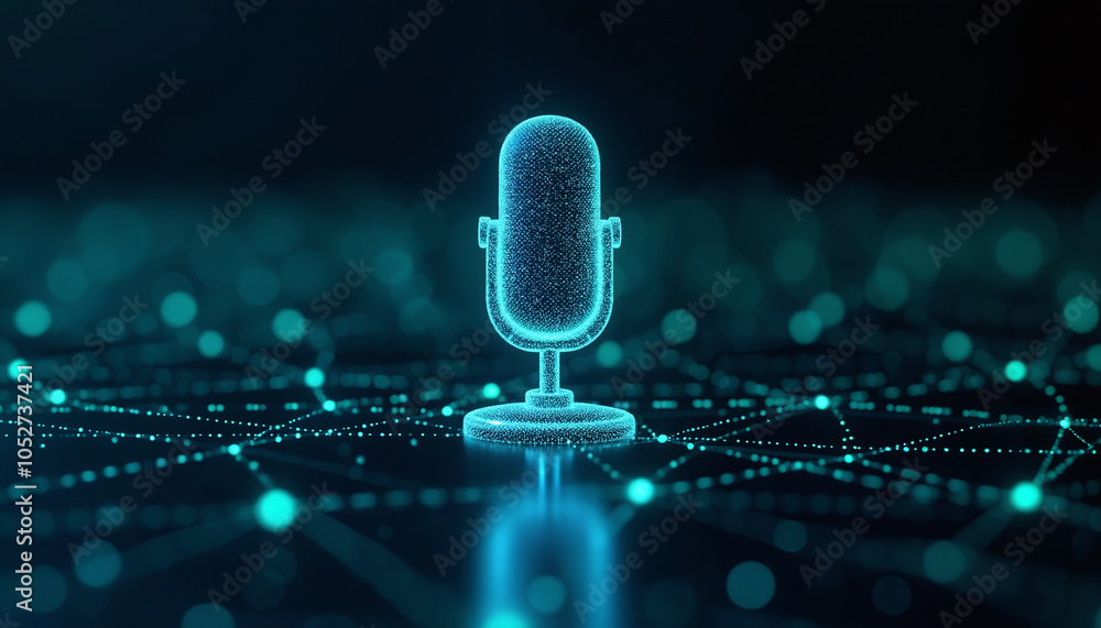 Poster microphone icon with network connectivity: a microphone icon connected within a digital network, sym