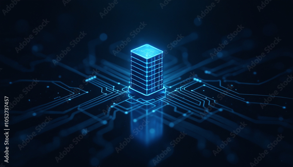 Poster server stack icon with network connectivity: a server stack icon integrated within a digital network