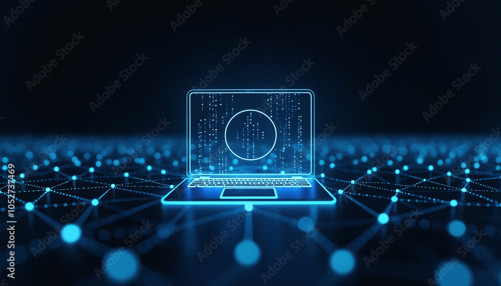 Poster laptop icon with grid overlay: a laptop icon with a grid overlay, symbolizing digital technology and
