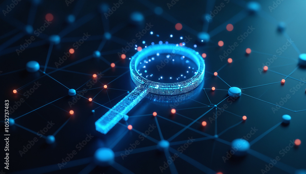 Poster magnifying glass icon with network analysis: a magnifying glass icon integrated within a digital net