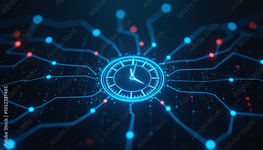 Poster clock icon with network connectivity: a clock icon connected within a digital network, symbolizing t