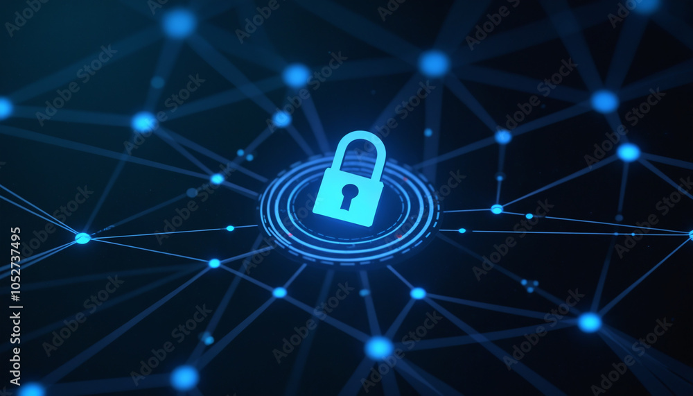 Poster padlock icon with network security: a padlock icon connected within a digital network, symbolizing s