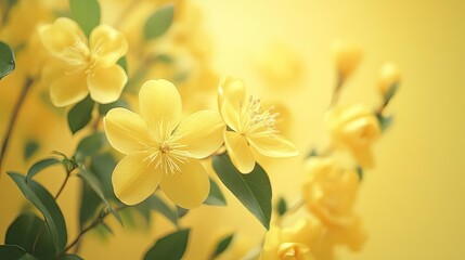 Obraz premium A close-up shot of delicate yellow flowers with green leaves, creating a vivid contrast against a soft yellow backdrop.
