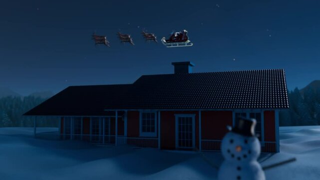CGI of Santa Claus flying in reindeer sleigh across night sky over snowy forest and family home, with New Year tree and snowman. Magic fire entering chimney, lighting up windows, fireworks coming on