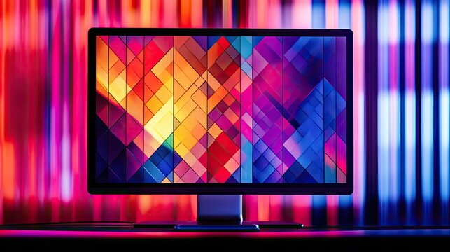 A colorful digital art piece displayed on a monitor, showcasing geometric patterns and gradients designed in Corel Draw.