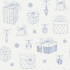 Christmas Vintage seamless pattern with gift boxes, toys, bows, snowflakes. Blue beige. Hand drawn element. Elegant Linear vector background for design package, holiday, paper, decor new year