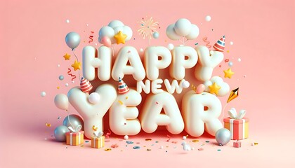 Obraz premium 3D Happy New Year Greeting with Balloons and Confetti
