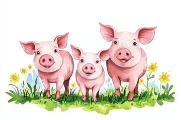 Obraz premium A cheerful illustration of three pink pigs standing in a grassy field adorned with flowers, showcasing their friendly nature.