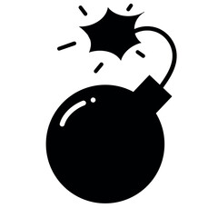 Round bomb with a burning fuse, black silhouette on a transparent background, vector flat illustration