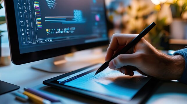 A detailed view of a graphic designer's hand drawing on a tablet, with Corel Draw open on the computer screen behind.