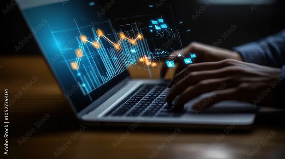 Aufkleber hands on laptop with data visualization for analysis