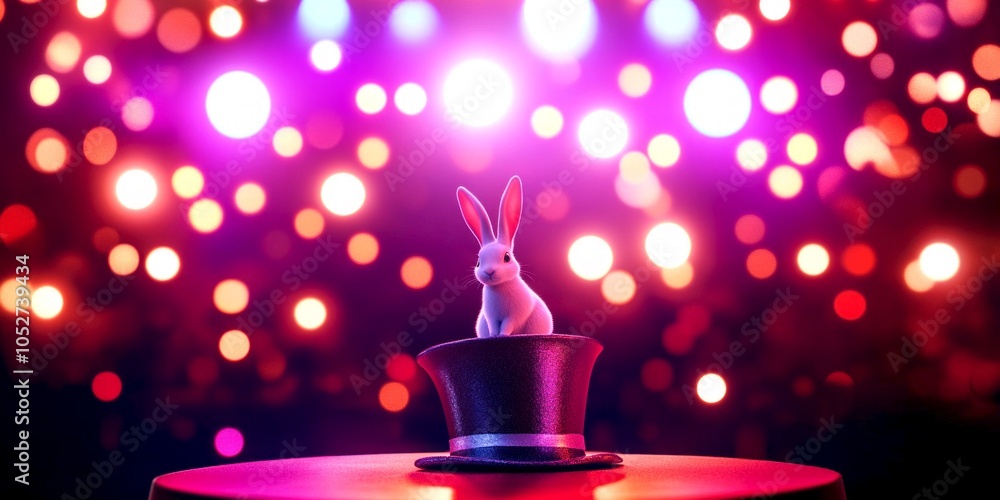 Poster a magical scene of a rabbit emerging from a classic black top hat. bright colorful bokeh lights crea