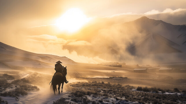 In the misty morning of Tibet's high mountains, a lone swordsman rider in a bamboo hat moves along the hills toward a distant village, bathed in golden sunlight.