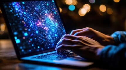 Vibrant Space Image on Laptop Screen with Hands Typing
