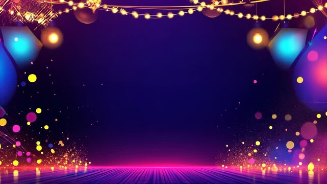 A purple stage with strings of lights and colorful bokeh