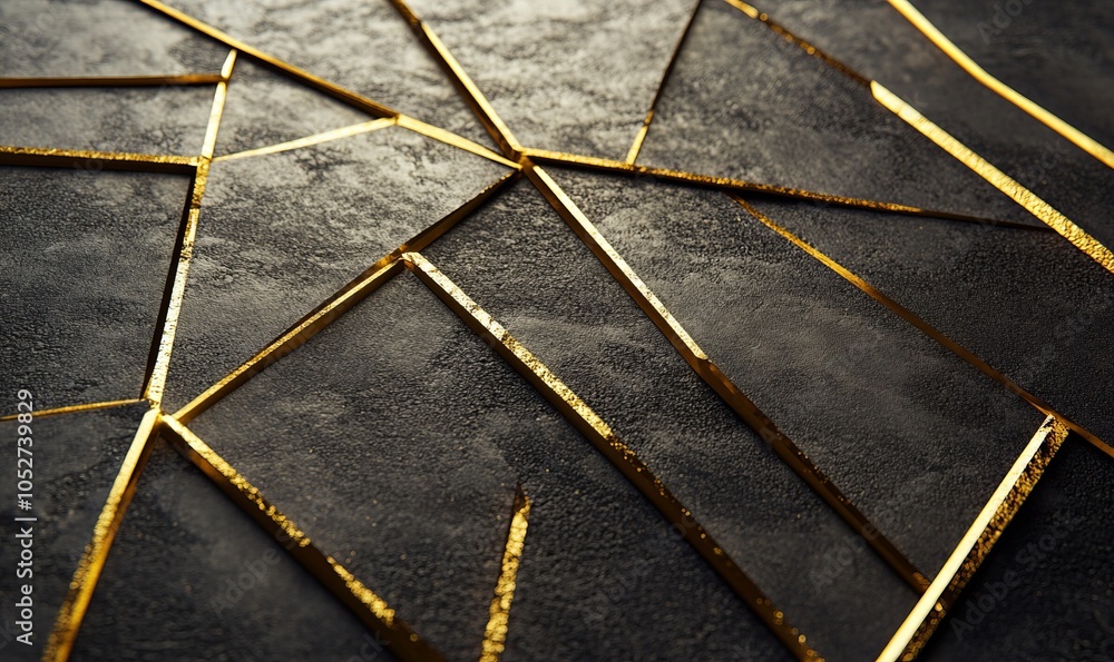 Poster elegant arrangement of gold metallic lines creating geometric patterns on a textured surface, highli