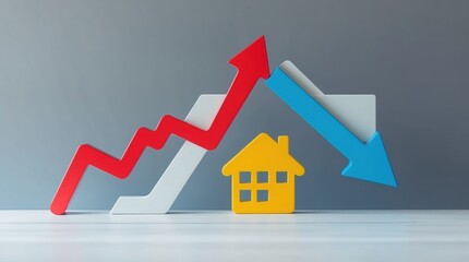 Colorful upward and downward arrows adjacent to a stylized yellow house representing real estate market trends and economic fluctuations.