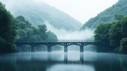 A foggy morning view of a bridge spanning a calm river, with lush green trees and mountains in the background.