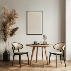 A table with two chairs and a vase of flowers. The table is in the middle of the room