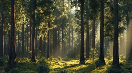Fototapeta premium A forest scene with tall trees creating natural vertical lines, illuminated by soft sunlight.