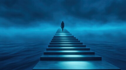 A lone figure ascends an illuminated staircase over a vast, misty ocean, AI