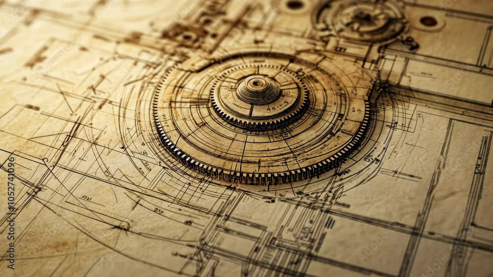 Aufkleber a close-up of an intricate gear system drawn on aged paper, showcasing the complexity of engineering