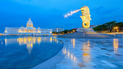 Singapore Merlion at blue hour, firework bursts reflecting in water, city lights