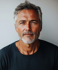 Obraz premium A mature man with salt-and-pepper hair and a beard, wearing a dark t-shirt, gazes directly at the camera with a calm expression.