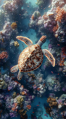 Fototapeta premium The Beautiful and large sea turtle swims leisurely.