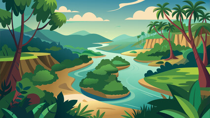 Lush green landscape with winding river and mountains during daylight showcasing vibrant flora and serene environment