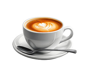 A freshly brewed cup of coffee with a beautifully designed latte art heart, served in a white cup and saucer, alongside a silver spoon, showcasing elegance and warmth, isolated on white background