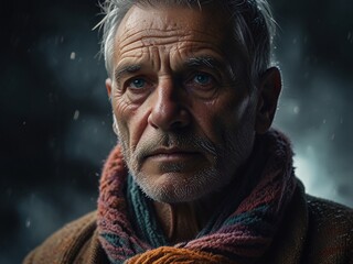 Emotive Portrait of an Elderly Man in Warm Woolen Scarf with Intense Eyes in Winter Atmosphere – Perfect for Storytelling, Portrait Art, and Emotion Photography Themes