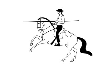 Fototapeta premium Illustration of a traditional Spanish rider, working equitation, drawn in minimalist black and white line art style