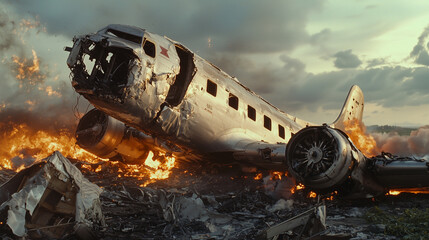 Dramatic Plane Crash Scene: Impact, Destruction, and Realistic Wreckage Details Capturing Intensity and Tragedy in Aviation Disaster Photography