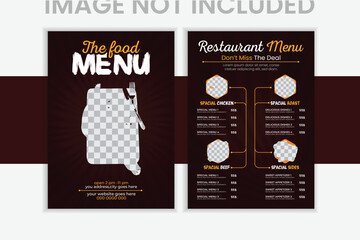 Food menu design template for restaurant with unique layout gradient.