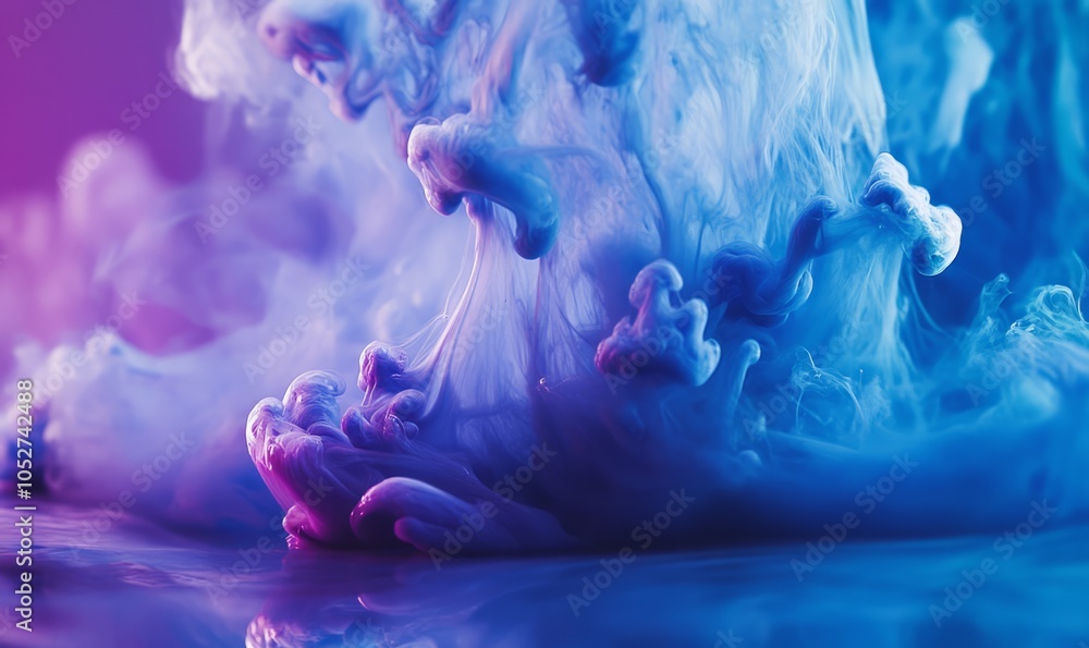 Poster ink splashes of blue and purple create an abstract glossy backdrop, showcasing fluid movement and vi