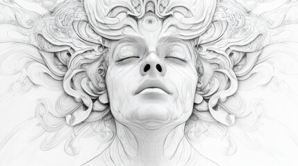 A minimalist pencil sketch with intricate lines forming a detailed central figure, surrounded by flowing patterns and organic shapes.