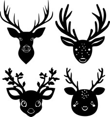 Graphic black silhouettes of deers. Deer Head PNG.