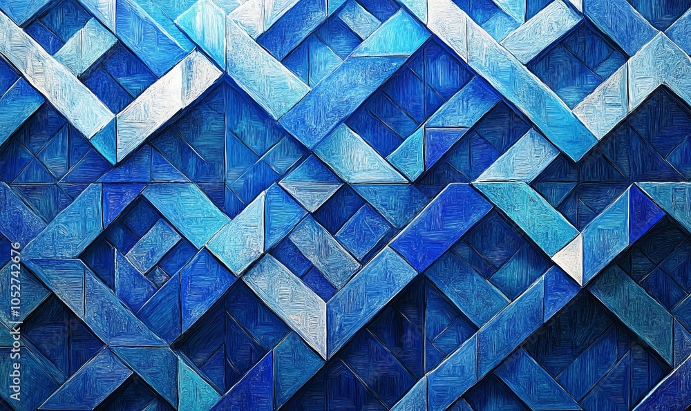 Poster intricate geometric pattern of interlocking triangles and hexagons in varying shades of blue creatin