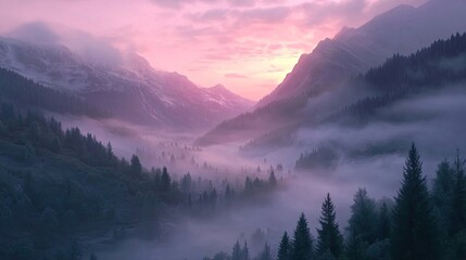 Obraz premium A misty mountain valley at dawn, with layers of fog drifting over the tree-covered slopes, illuminated by the soft pink light of the rising sun.