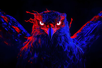 Fototapeta premium A dynamic neon green and purple phoenix silhouette with illuminated eyes on a dark backdrop --ar 3:2 --s 50