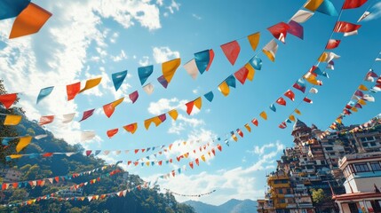 A panoramic shot of Lakshman Jhula with colorful prayer flags fluttering in the wind against a bright blue sky.