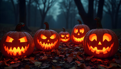 Fototapeta premium Halloween Horror: Generative AI’s Wickedly Illuminated Pumpkins in the Dark 