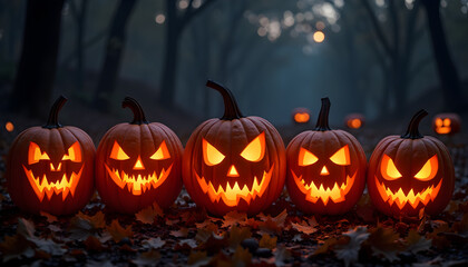 Obraz premium Terrifying Halloween Glow: AI Illustration of Evil Carved Pumpkins 