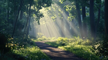Fototapeta premium A peaceful forest path dappled with sunlight filtering through the trees, inviting a leisurely stroll.