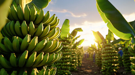 industrial banana harvesting operation, workers in distance