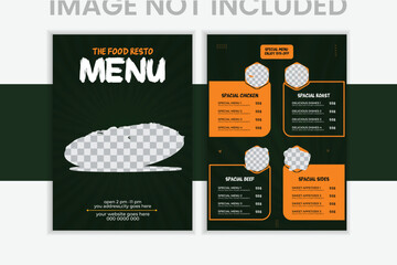 Food menu design template for restaurant with unique layout gradient.