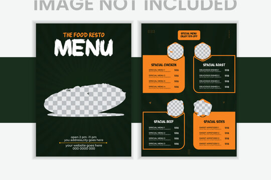 Food menu design template for restaurant with unique layout gradient.
