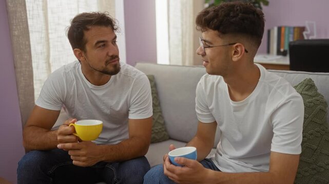 Father and son sitting together in a cozy living room, engaging in a heartfelt conversation while holding coffee cups, wearing casual white t-shirts and showcasing the essence of family and love