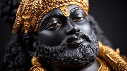 Obraz premium Close-up of a black statue of a deity with a gold crown and beard.